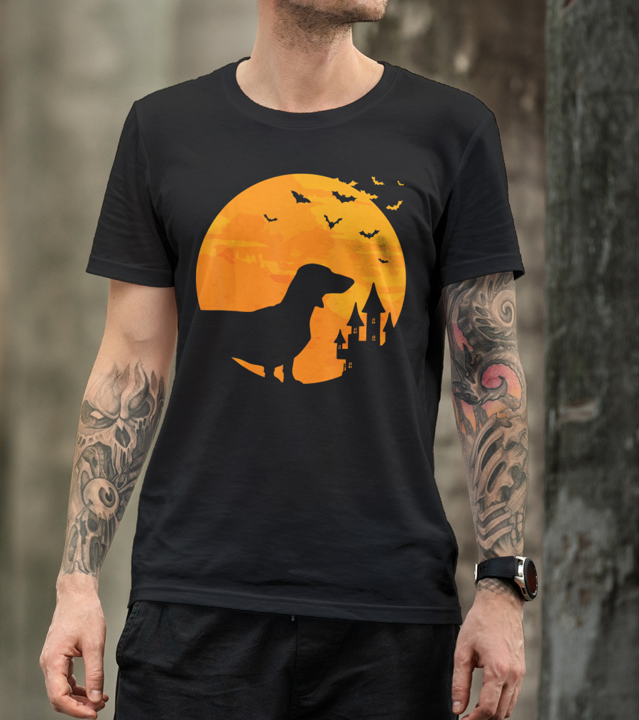 Dachshund Halloween Silhouette With Bats And Haunted Castle T-Shirt