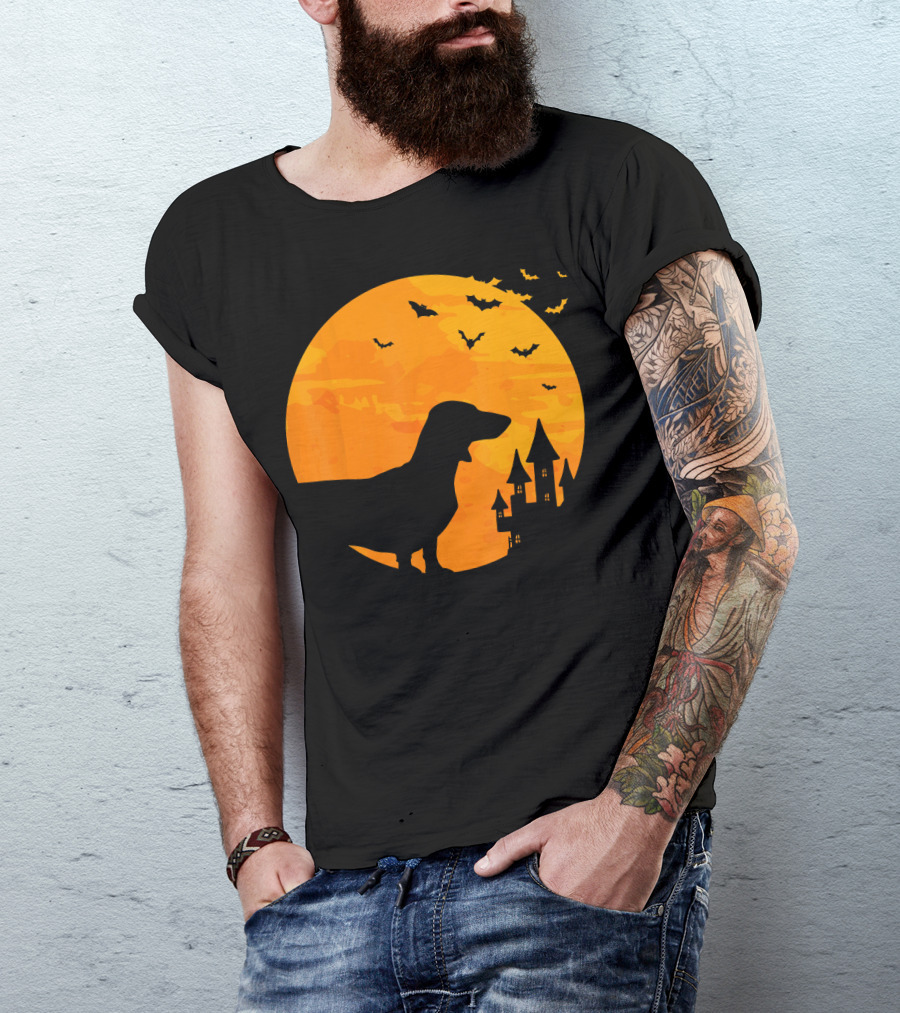 Dachshund Halloween Silhouette With Bats And Haunted Castle T-Shirt