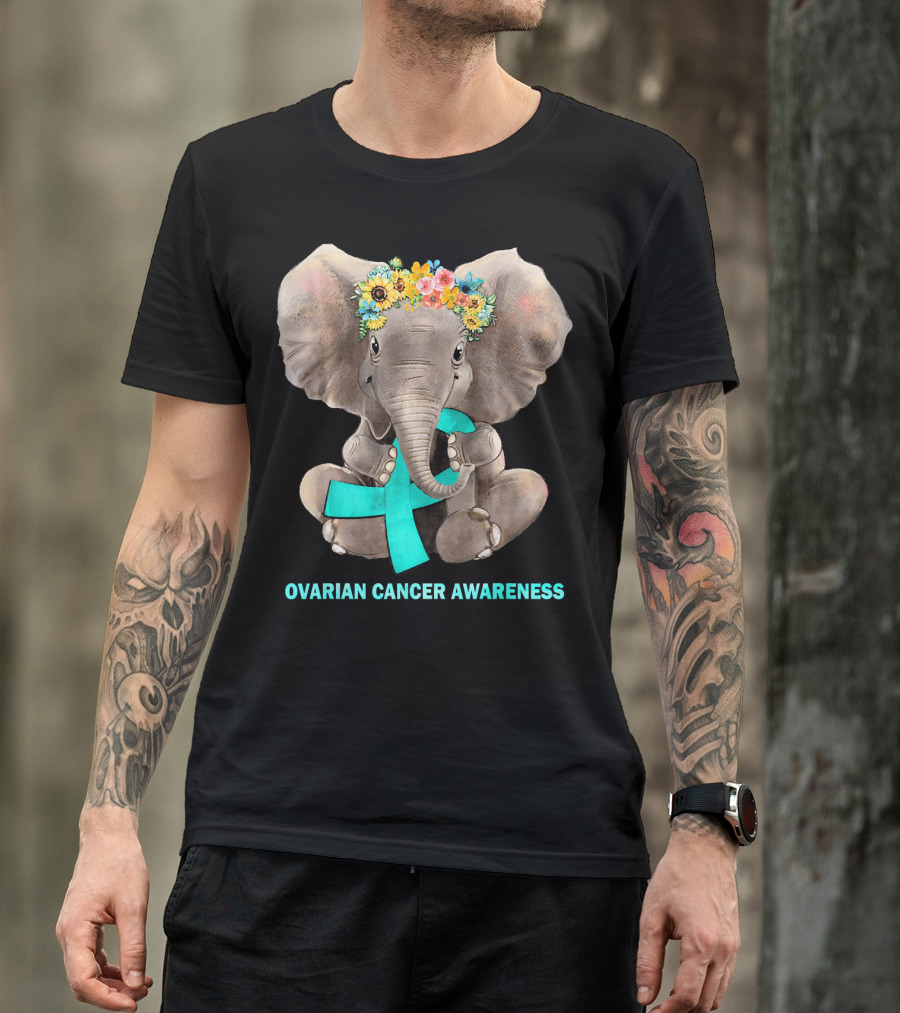 Hippie Elephant Holding Teal Ribbon Ovarian Cancer Awareness T-Shirt