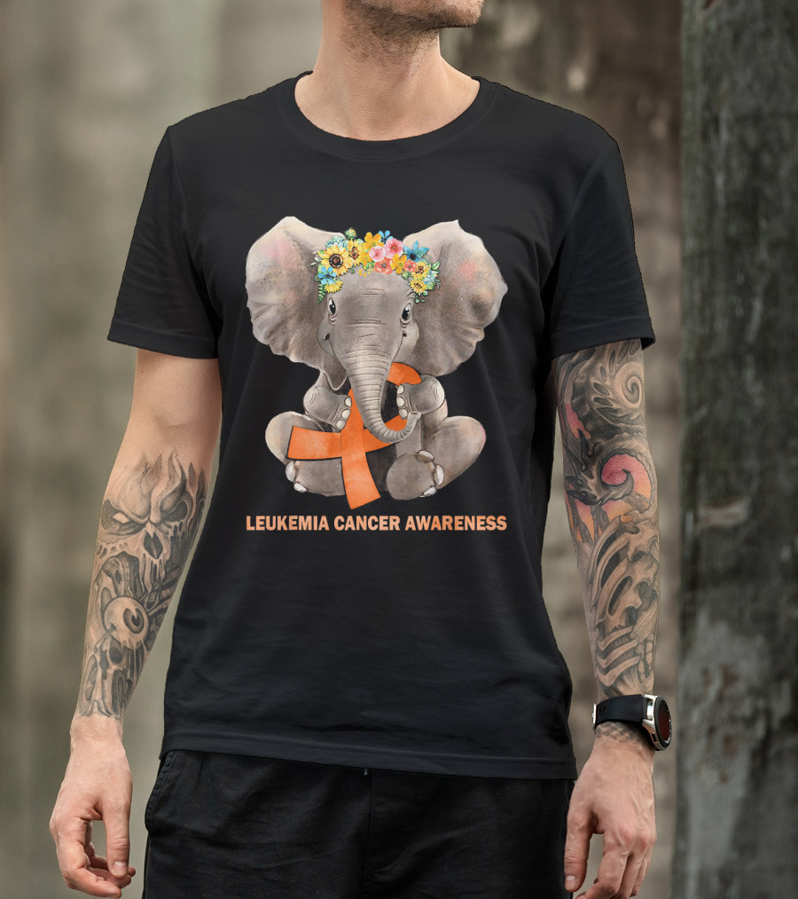 Hippie Elephant With Flower Crown Holding Orange Ribbon Leukemia Cancer Awareness T-Shirt