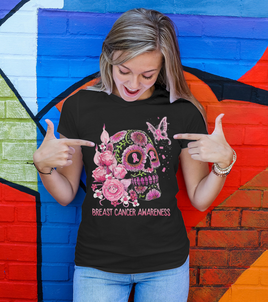 Skull Flower Breast Cancer Awareness Pink Ribbon Butterfly Roses T-Shirt