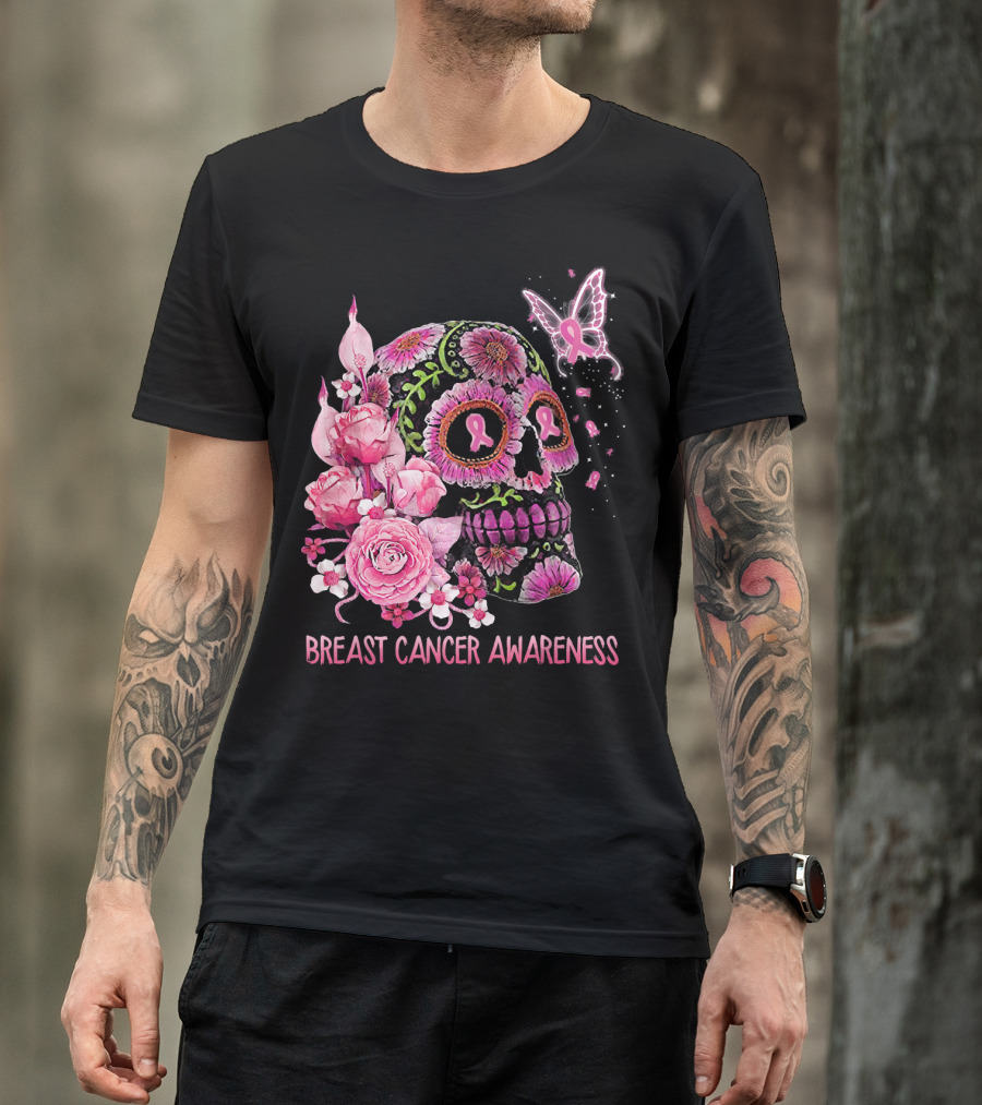Skull Flower Breast Cancer Awareness Pink Ribbon Butterfly Roses T-Shirt