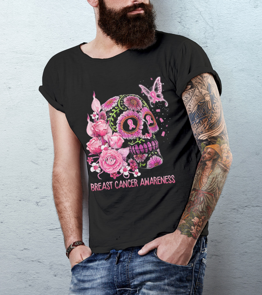 Skull Flower Breast Cancer Awareness Pink Ribbon Butterfly Roses T-Shirt