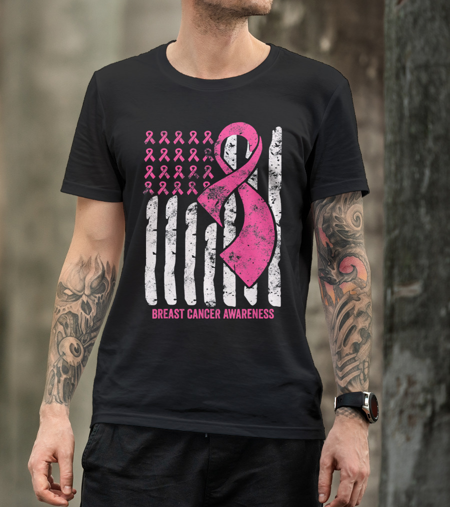 Breast Cancer Awareness Distress Pink Ribbon American Flag T-Shirt