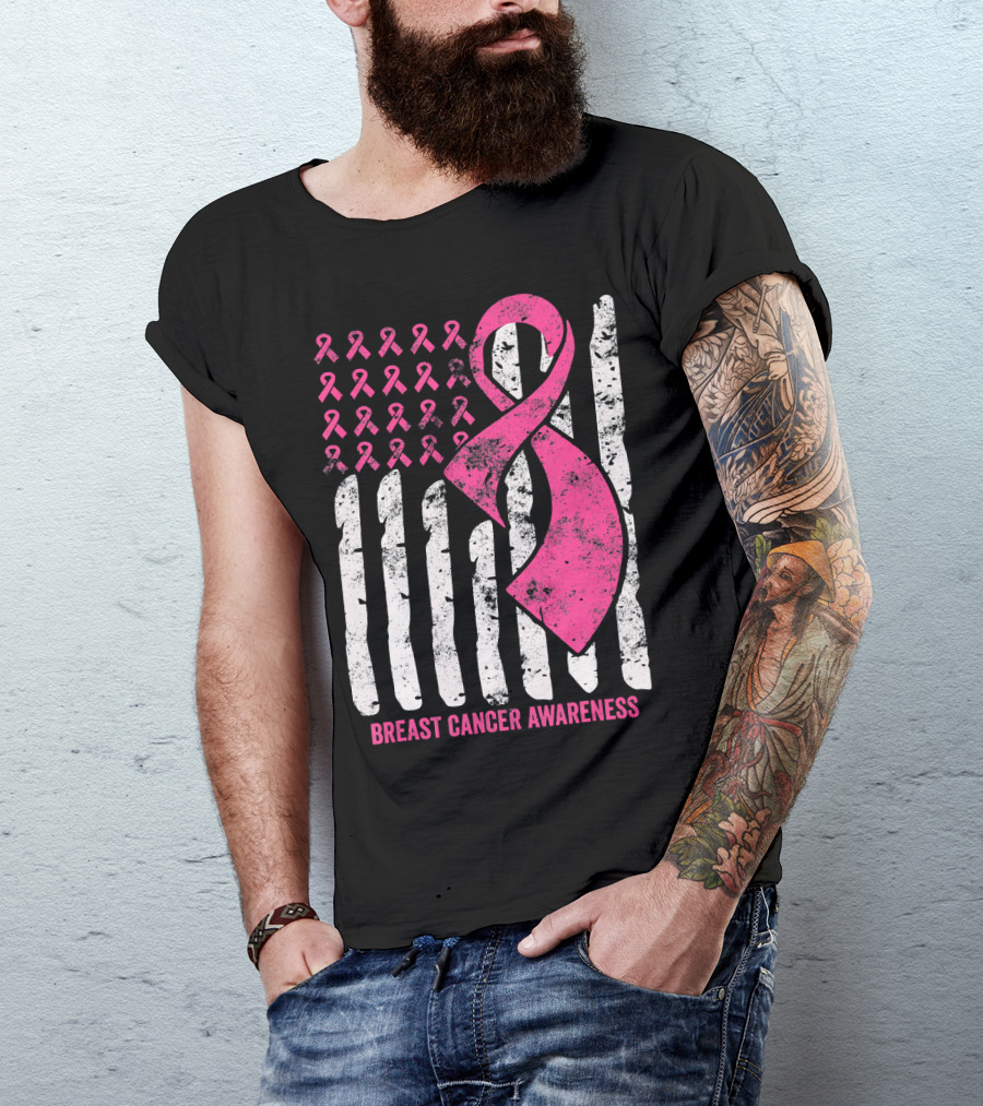 Breast Cancer Awareness Distress Pink Ribbon American Flag T-Shirt
