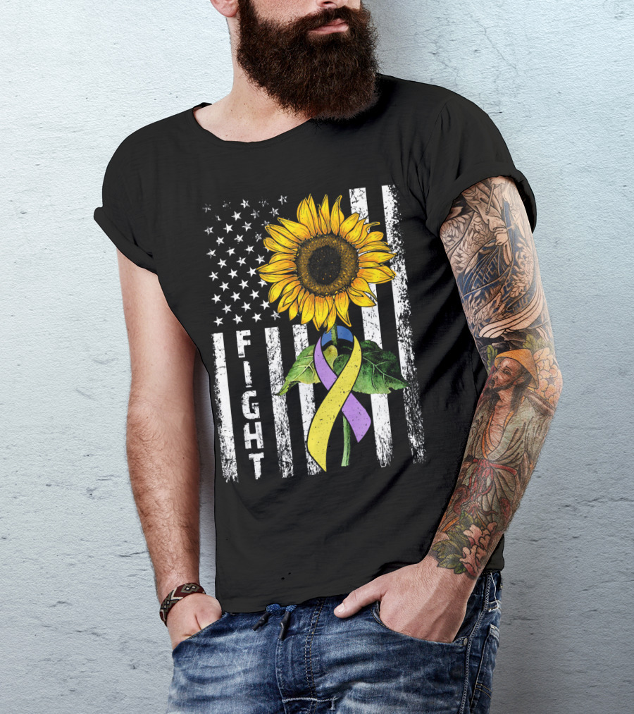 USA Flag Sunflower Fight Ribbon Bladder Cancer T-Shirt