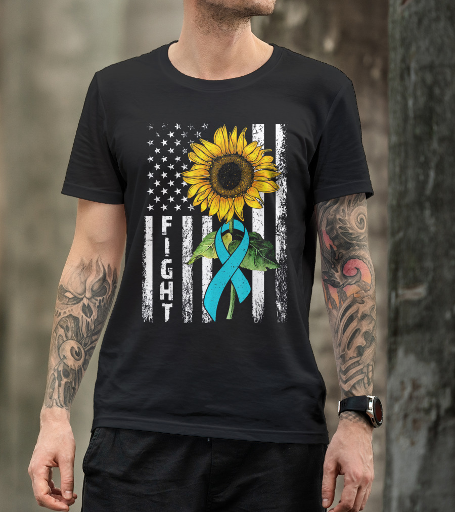 America Flag Sunflower Teal Ribbon Ovari Fight T-Shirt