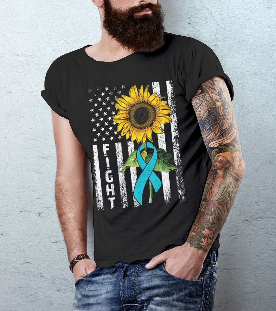 America Flag Sunflower Teal Ribbon Ovari Fight T-Shirt