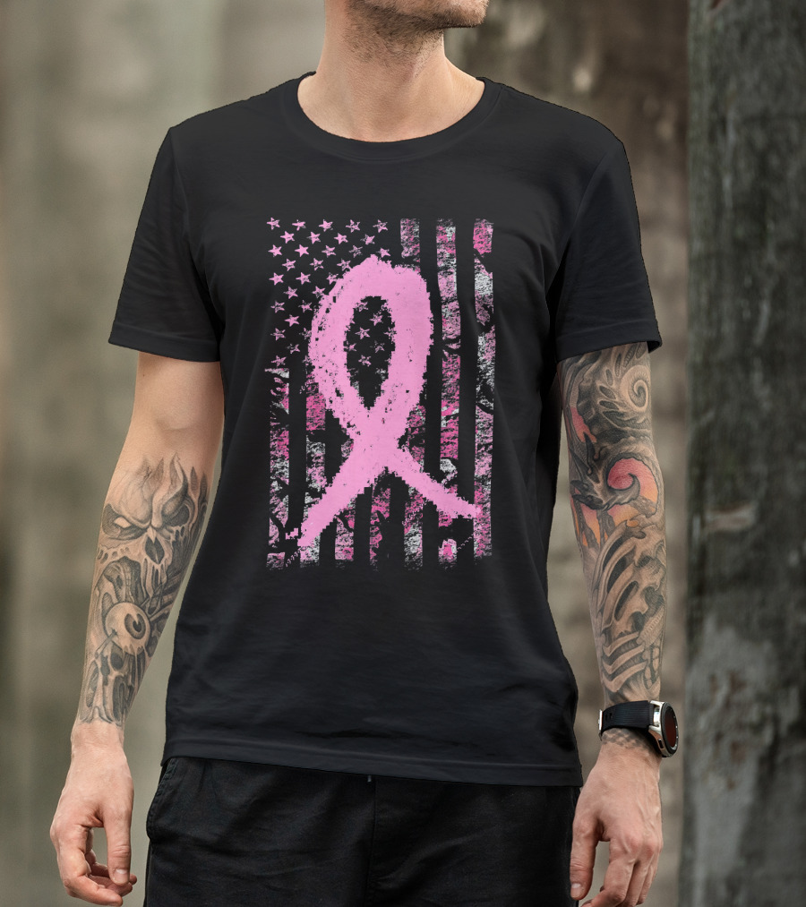 Pink Breast Cancer Ribbon Camouflage American Flag T-Shirt