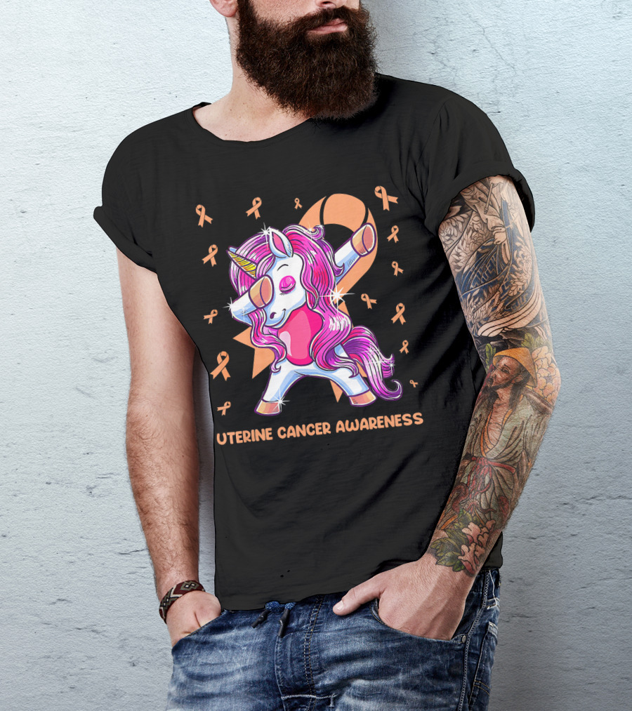 Dabbing Unicorn With Pink Ribbon For Uterine Cancer Awareness T-Shirt