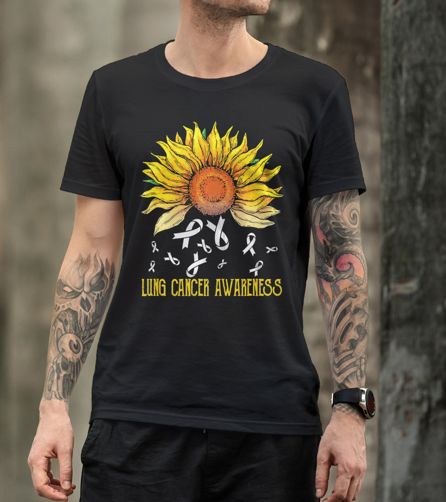 Lung Cancer Awareness Sunflower With White Ribbons T-Shirt