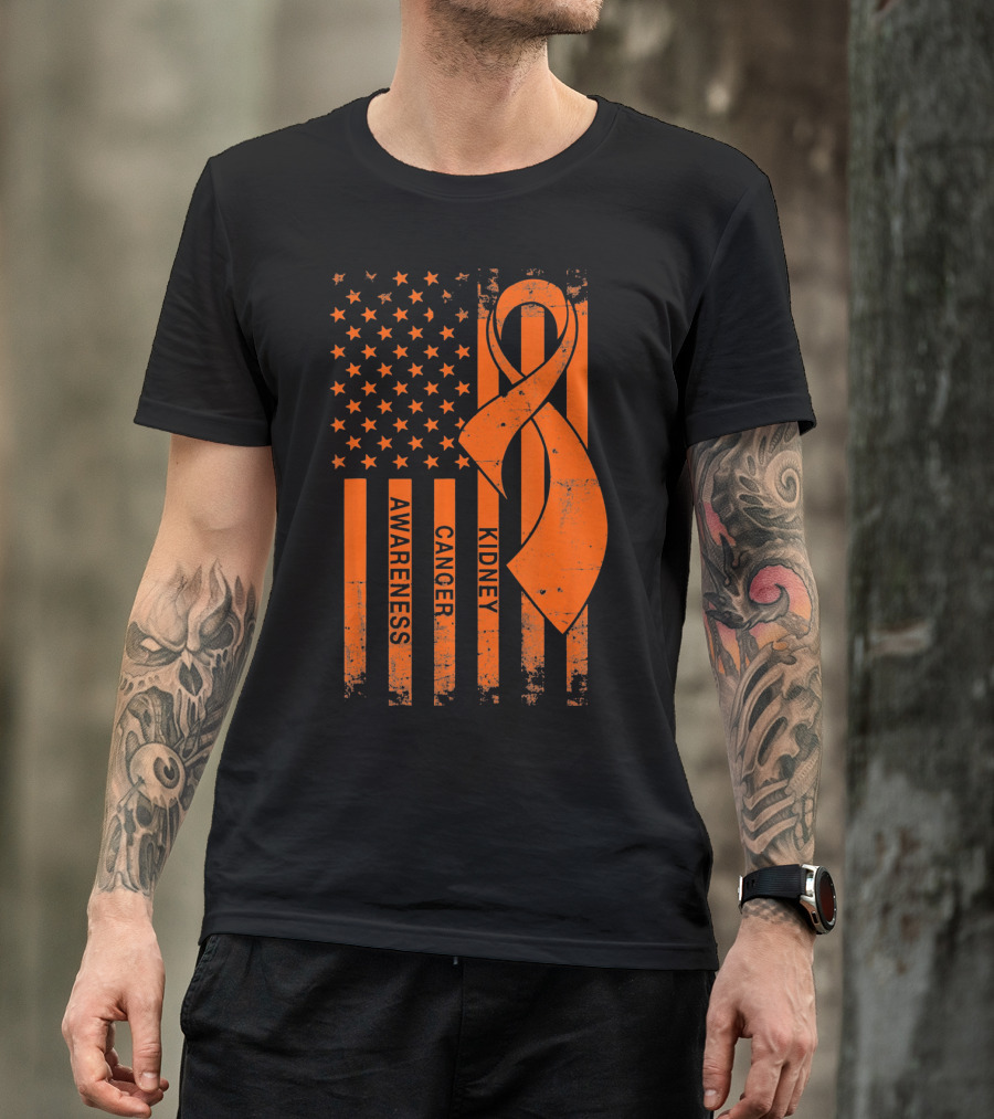 Kidney Cancer Awareness Orange Ribbon American Flag T-Shirt