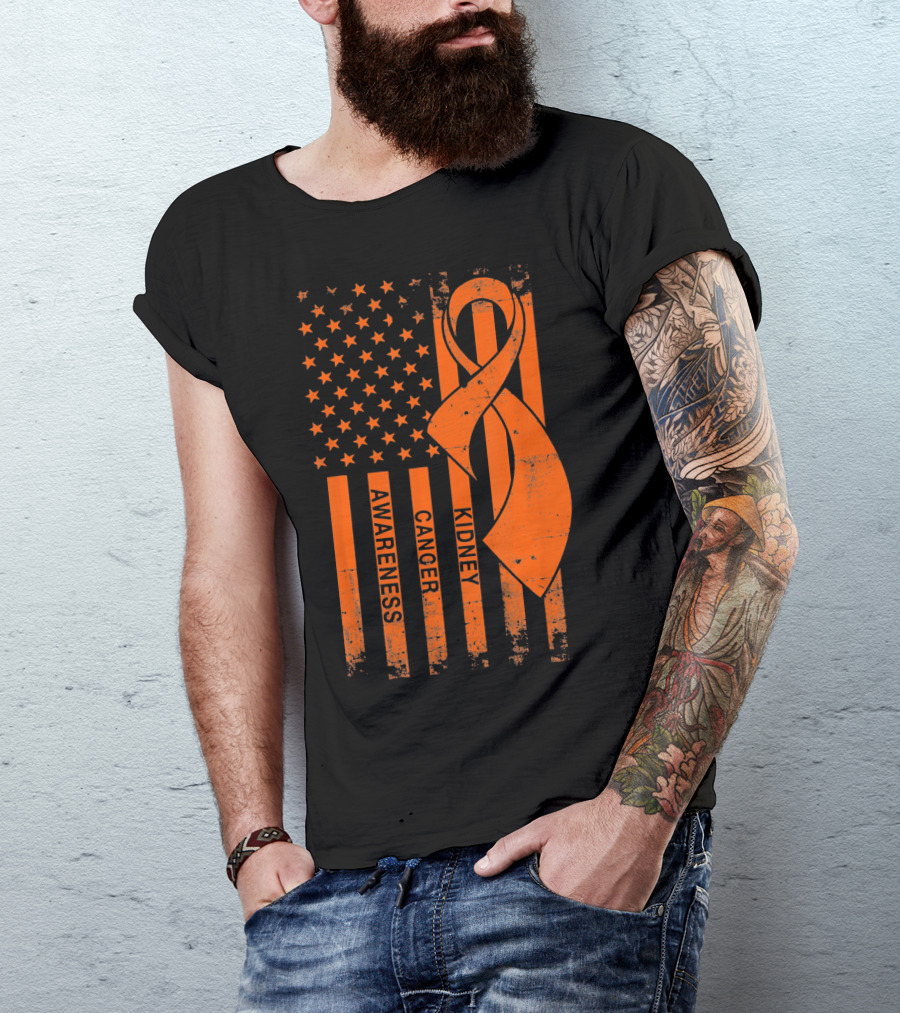 Kidney Cancer Awareness Orange Ribbon American Flag T-Shirt