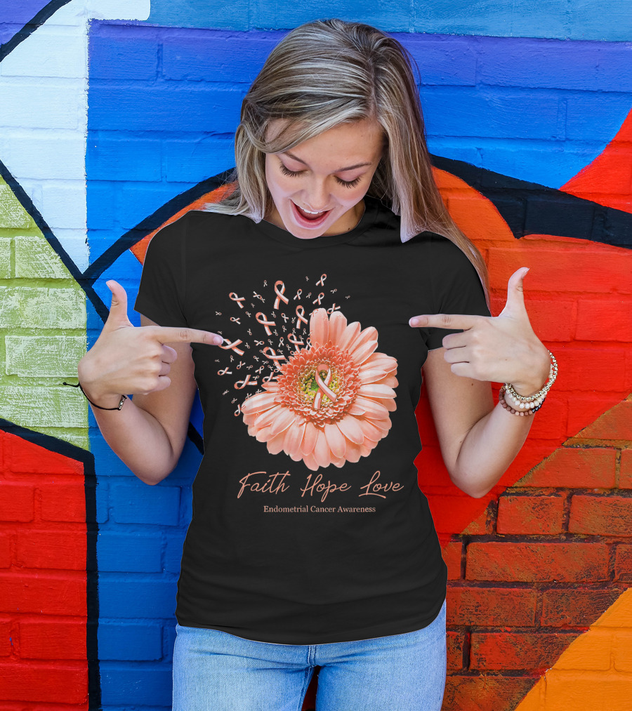 Faith Hope Love Endometrial Cancer Awareness Pink Ribbon Flower T-Shirt