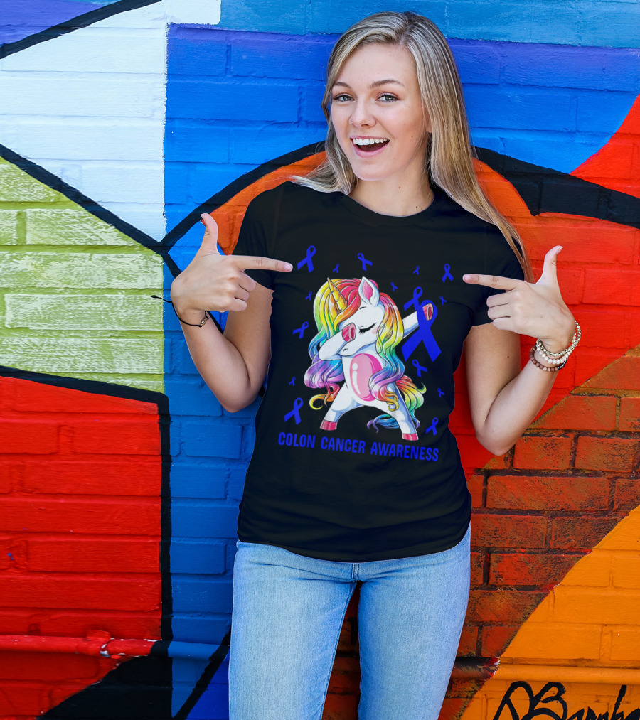 Colon Cancer Awareness Unicorn Dabbing With Blue Ribbons T-Shirt