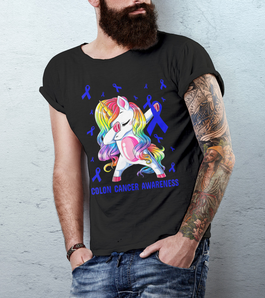 Colon Cancer Awareness Unicorn Dabbing With Blue Ribbons T-Shirt