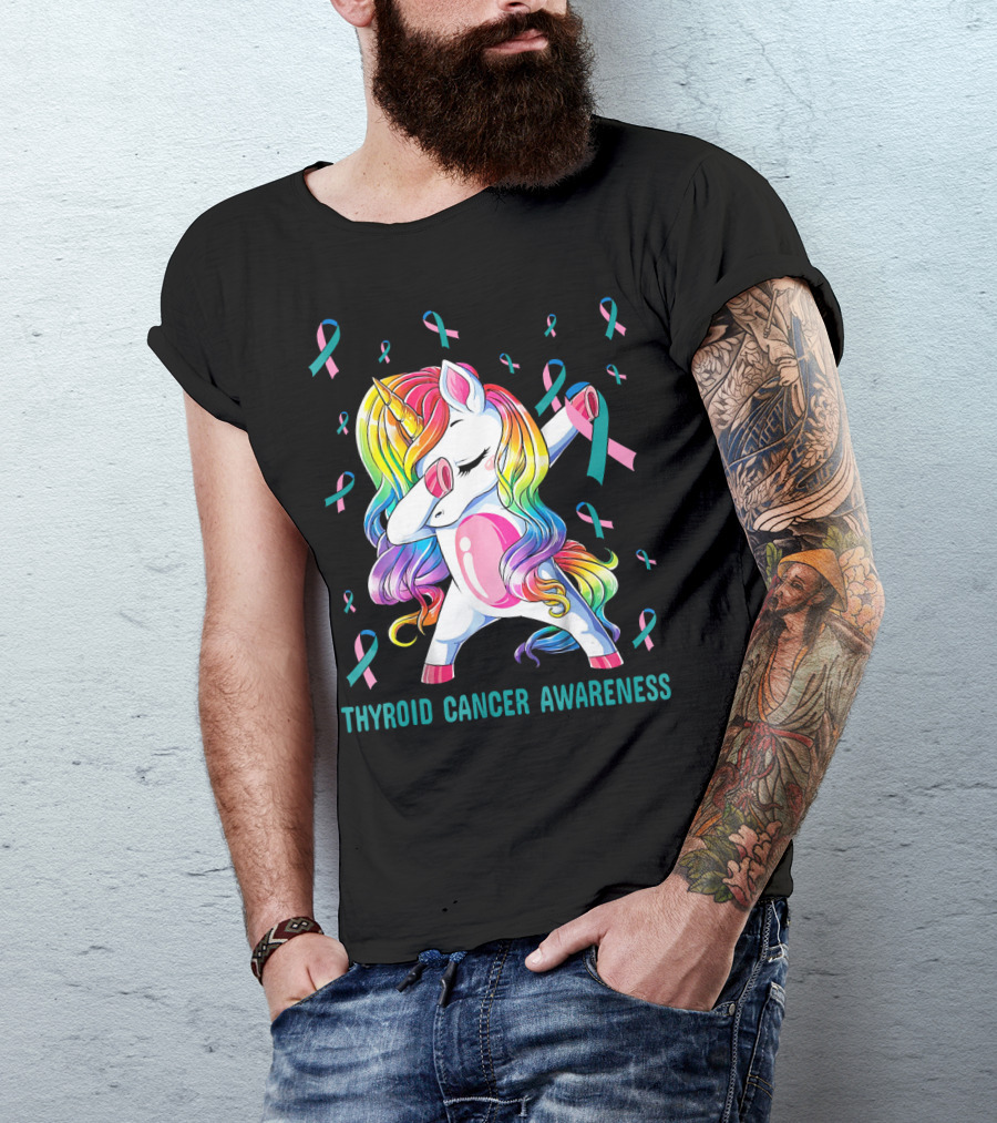 Dabbing Unicorn Rainbow Thyroid Cancer Awareness T-Shirt
