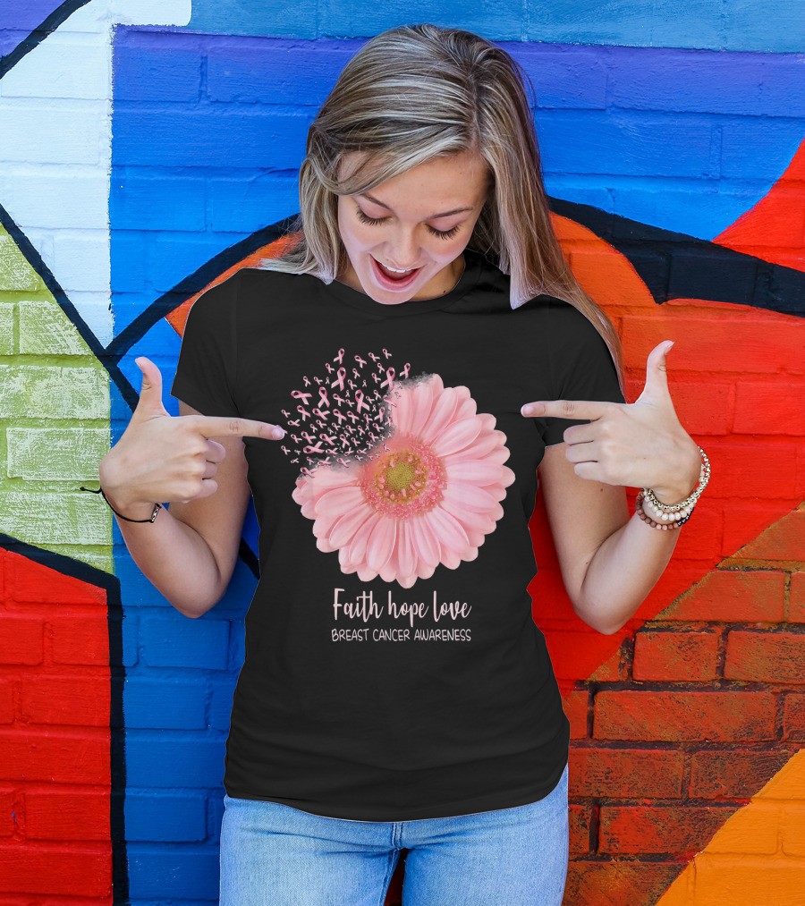 Faith Hope Love Breast Cancer Awareness Pink Sunflower T-Shirt
