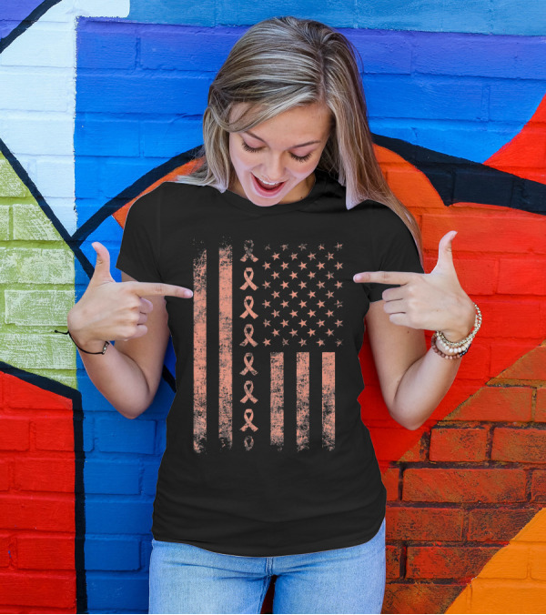 Uterine Cancer Awareness Ribbon American Flag Peac T-Shirt