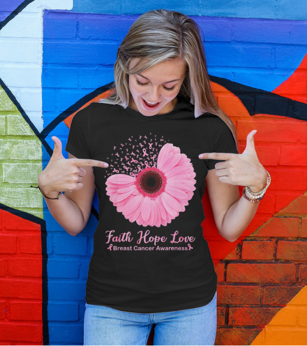 Faith Hope Love Breast Cancer Awareness Pink Ribbon Blossoms T-Shirt