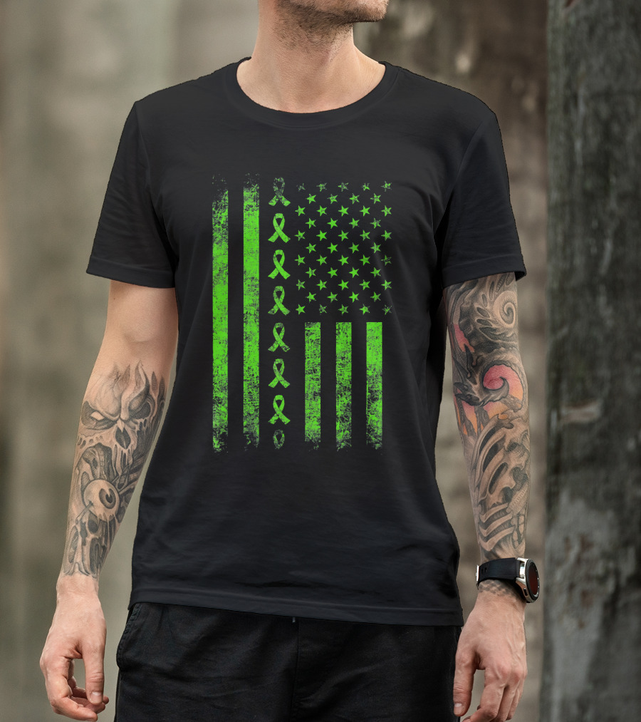 Lymphoma Cancer Awareness Lime Green Ribbon American Flag T-Shirt