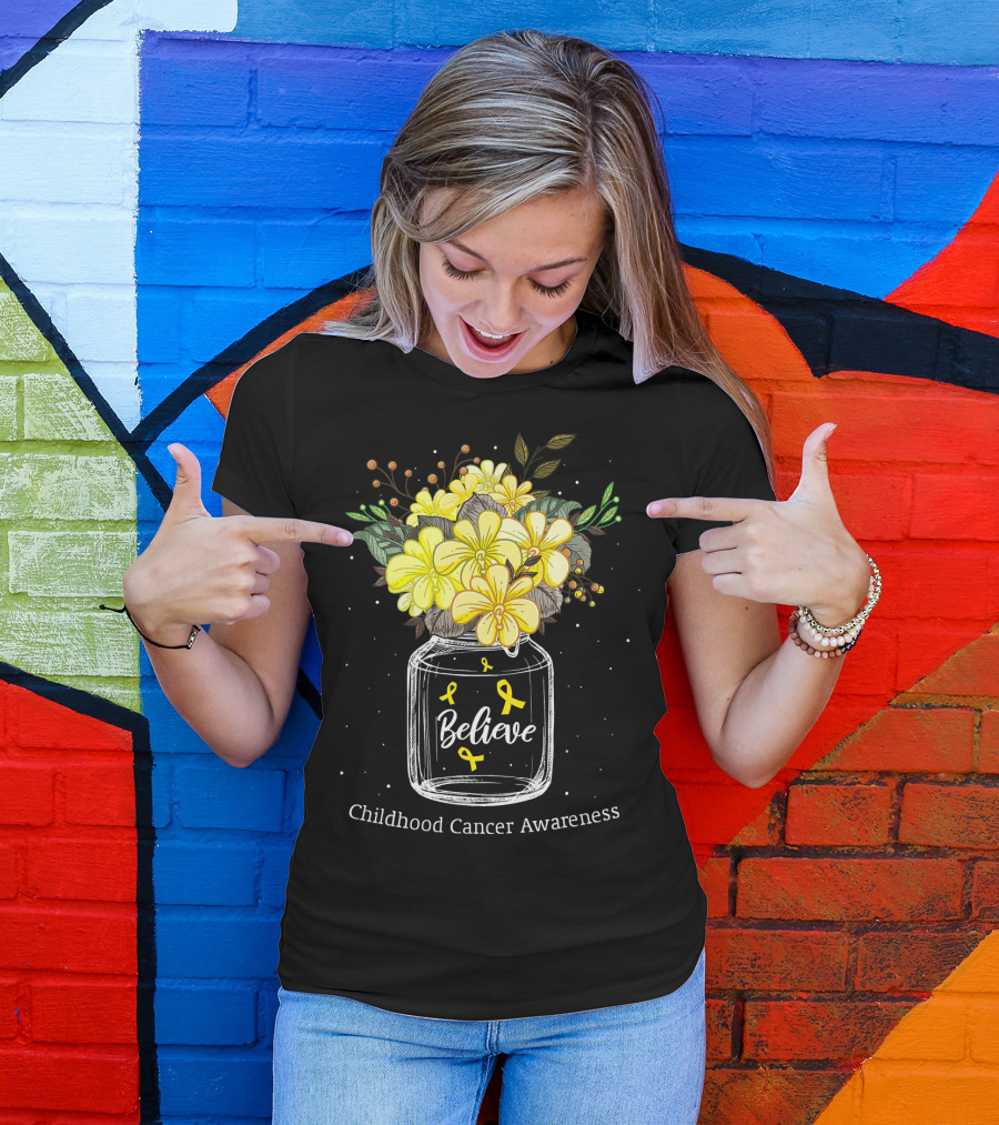 Believe Yellow Ribbon Childhood Cancer Awareness Flower Bouquet T-Shirt