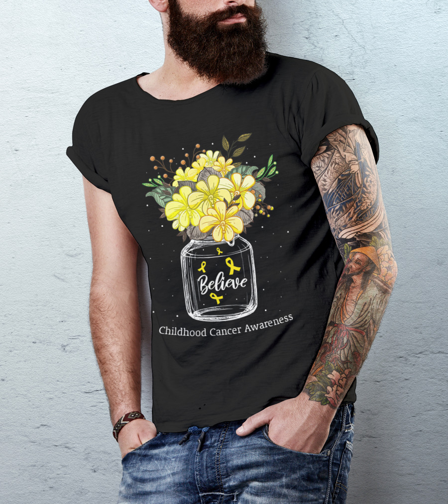 Believe Yellow Ribbon Childhood Cancer Awareness Flower Bouquet T-Shirt