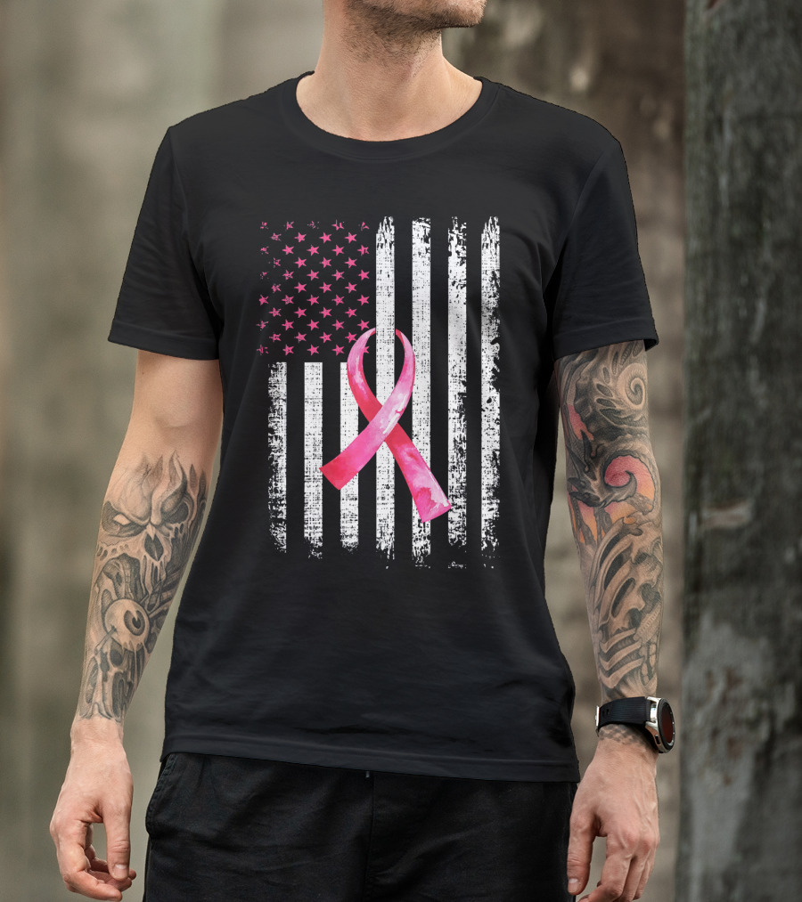 Breast Cancer Awareness Pink Ribbon American Flag Fight T-Shirt
