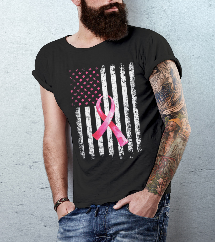 Breast Cancer Awareness Pink Ribbon American Flag Fight T-Shirt