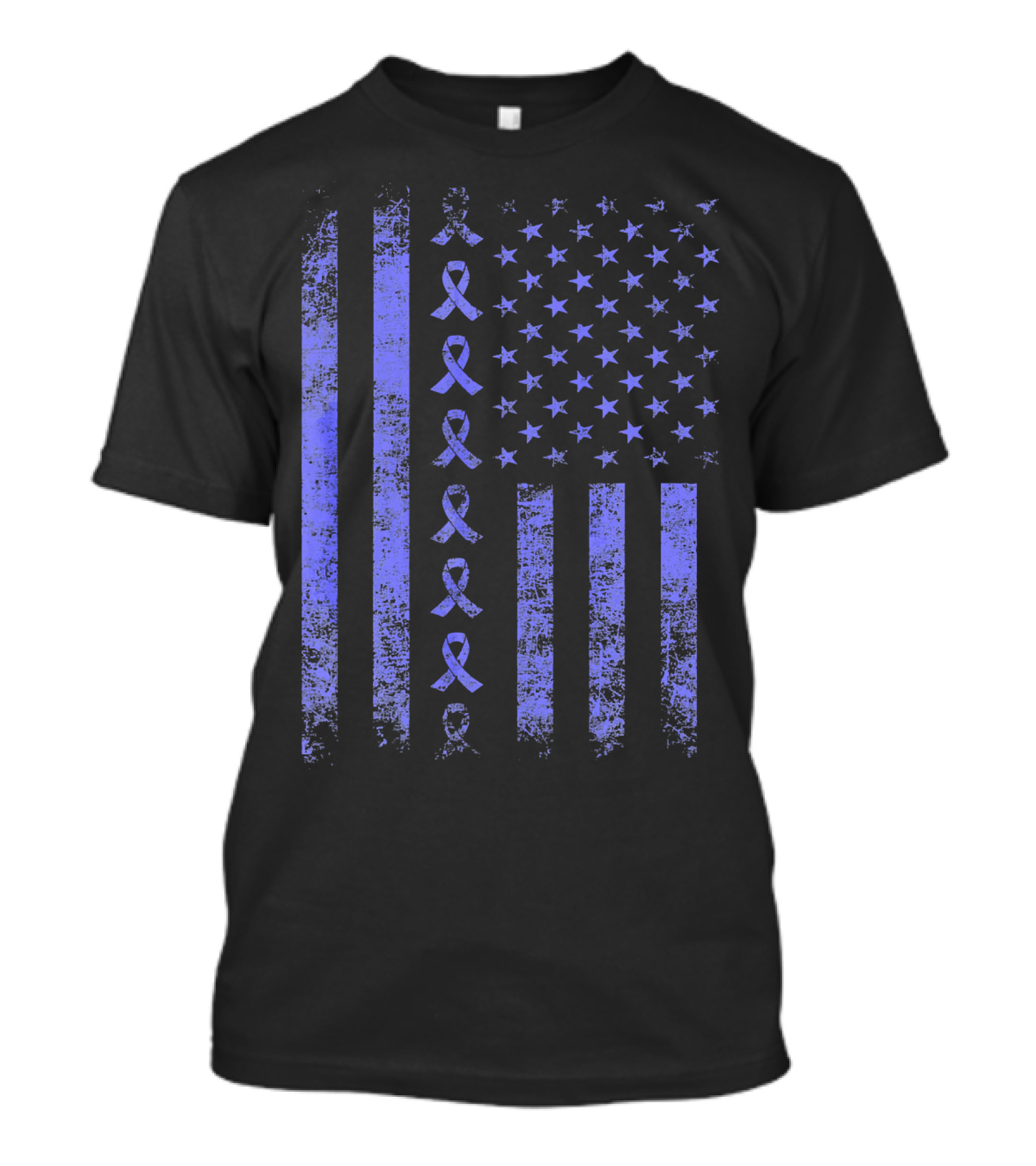 Distressed Blue Ribbon Esophageal Cancer Awareness American Flag T-Shirt