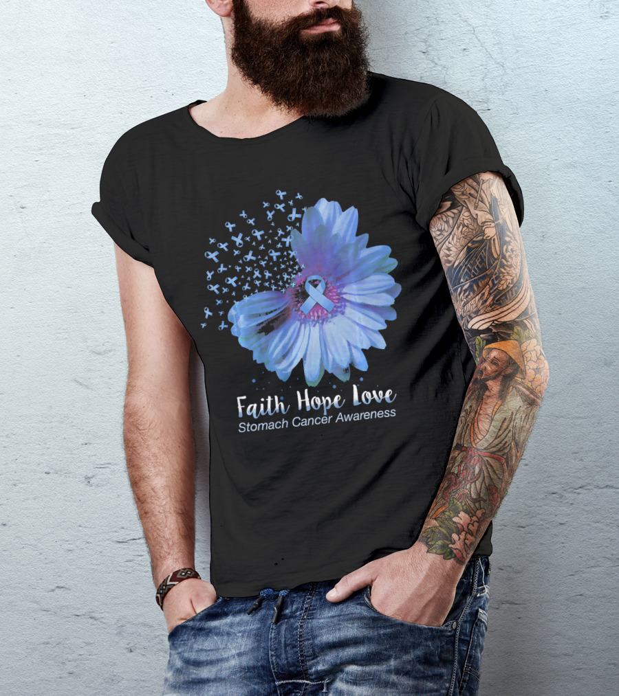 Faith Hope Love Stomach Cancer Awareness Blue Flower T-Shirt