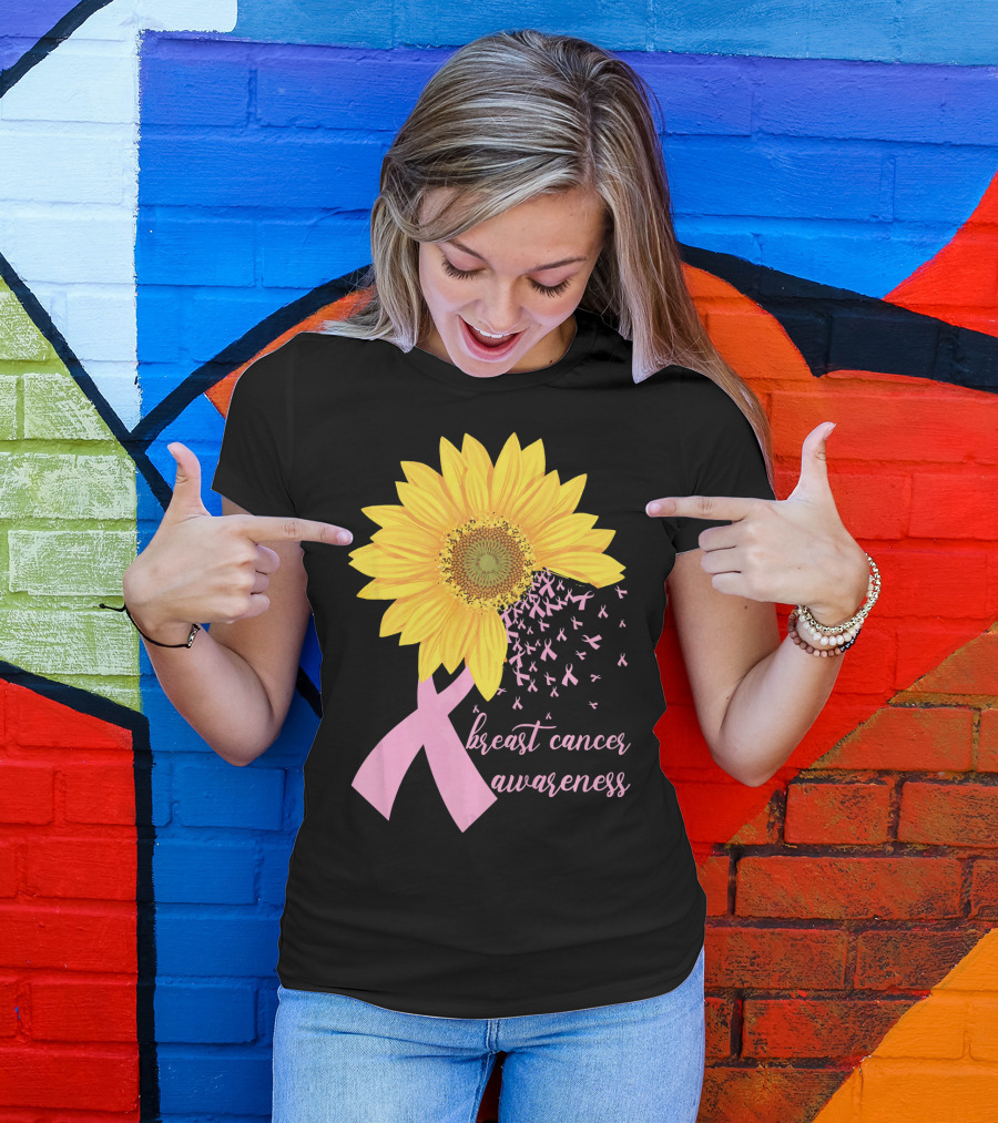 Breast Cancer Awareness Sunflower Pink Ribbon T-Shirt