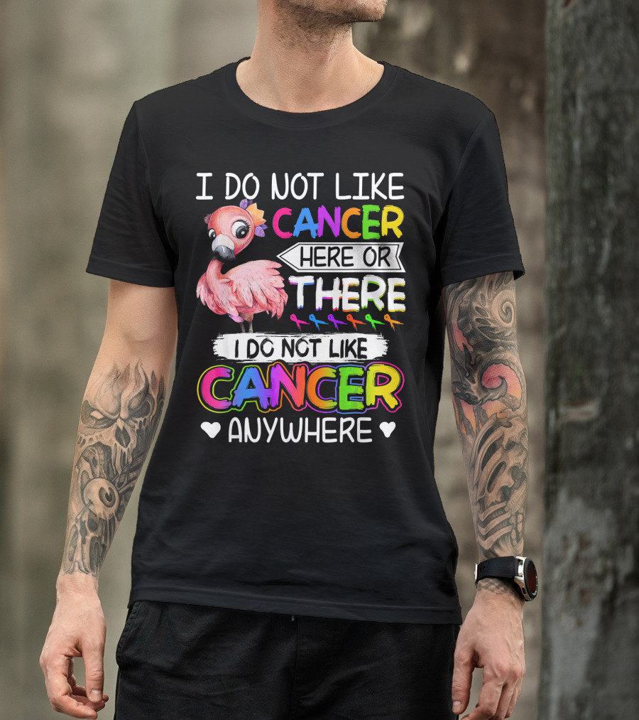 I Do Not Like Cancer Here Or There I Do Not Like Cancer Anywhere Flamingo Rainbow Ribbons T-Shirt