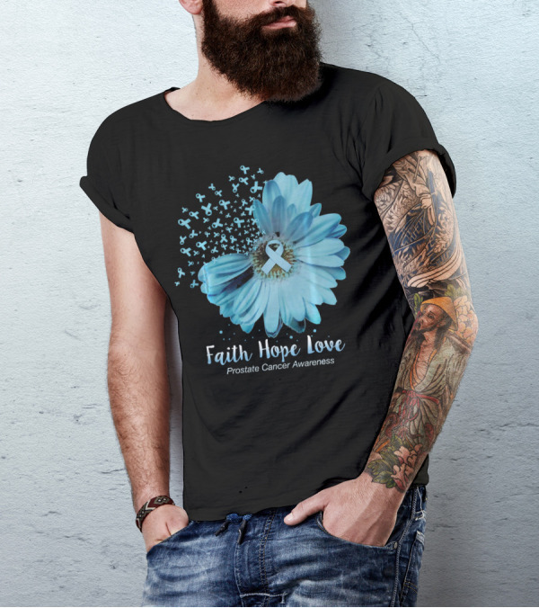 Faith Hope Love Prostate Cancer Awareness Blue Ribbon Flower T-Shirt