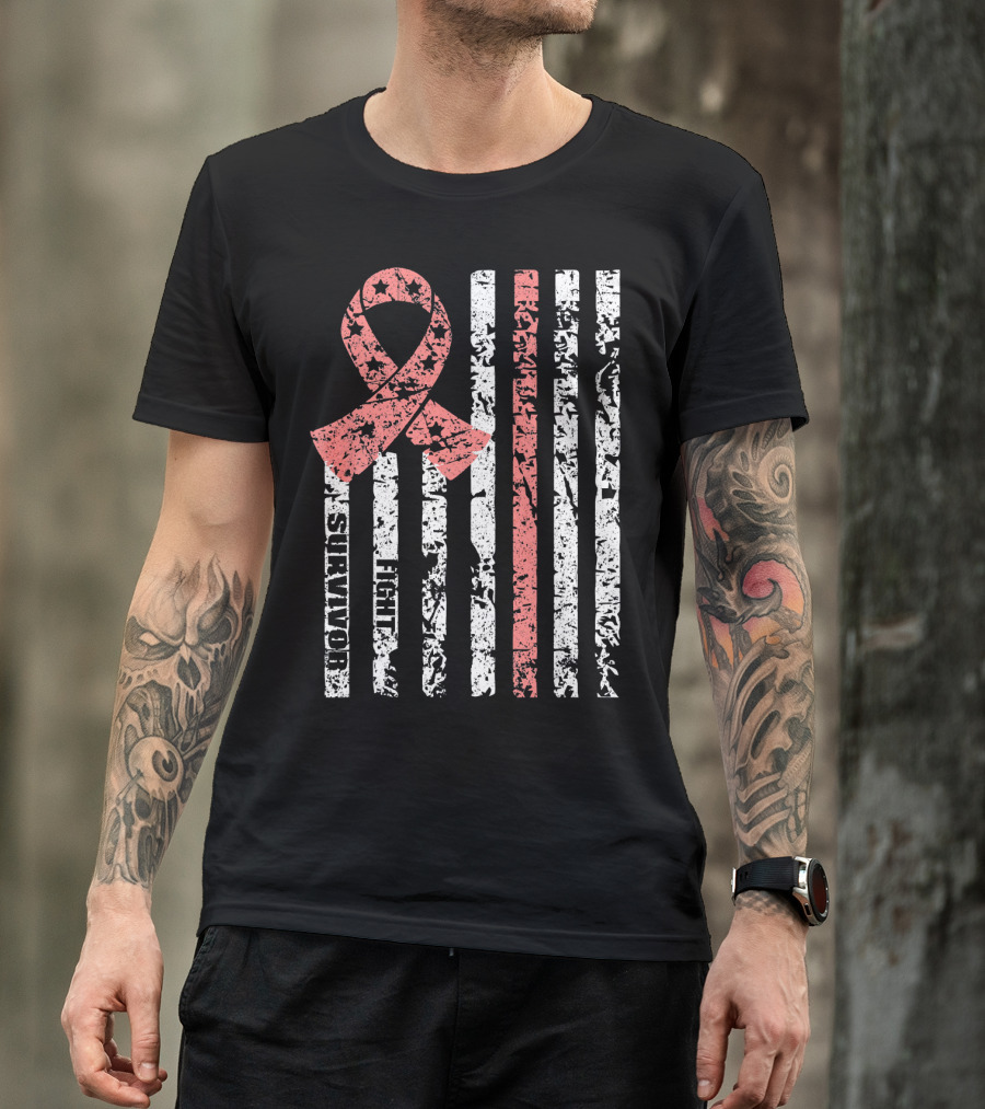 Cool Uterine Cancer Awareness Survivor Fight Ribbon Flag T-Shirt