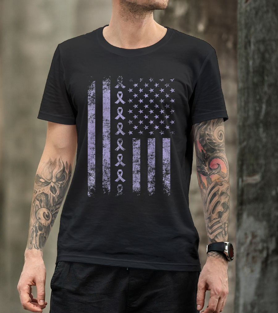 Orchid Testicular Cancer Awareness Purple Ribbon US Flag T-Shirt