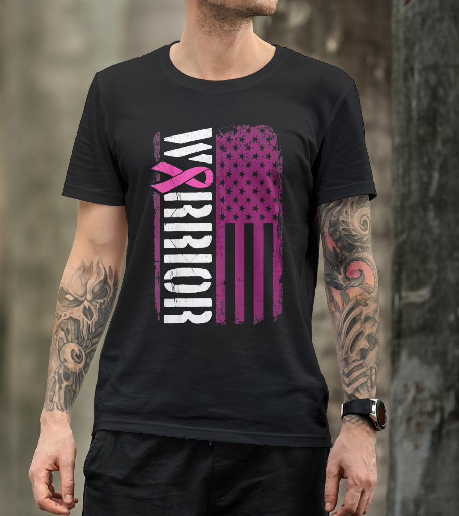 WARRIOR Breast Cancer Awareness Pink Ribbon American Flag T-Shirt