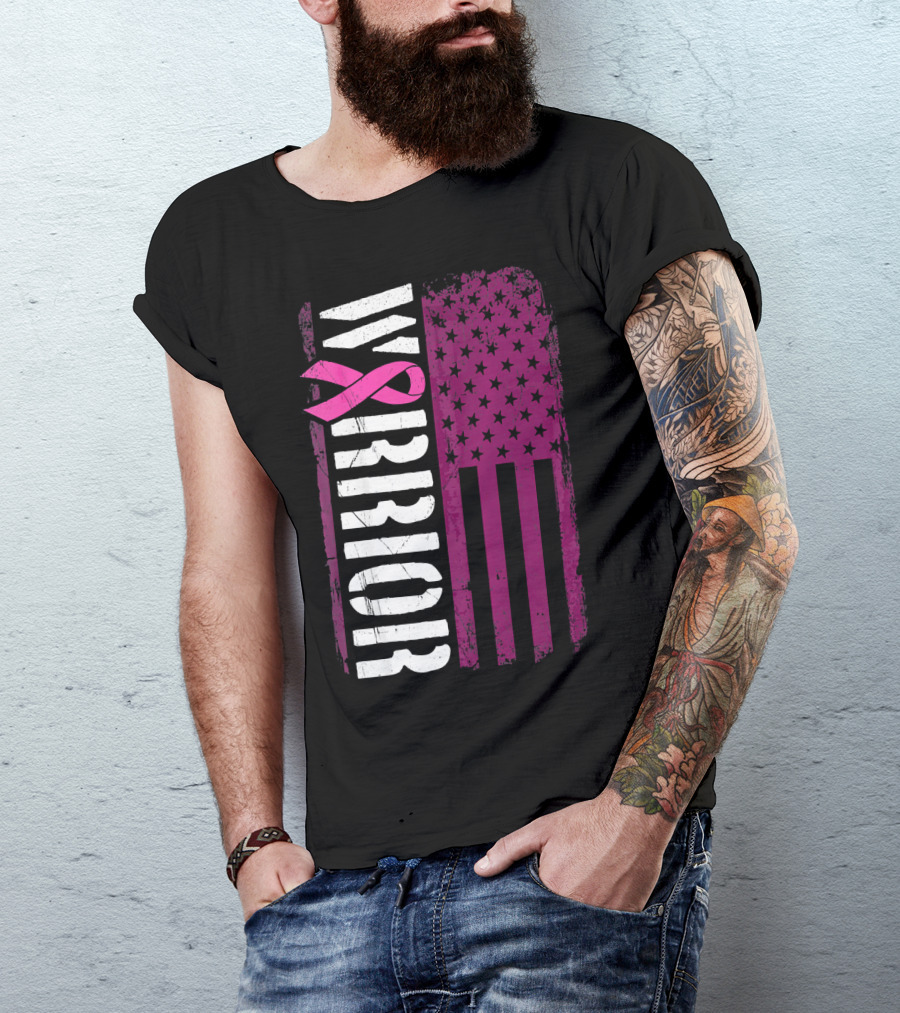 WARRIOR Breast Cancer Awareness Pink Ribbon American Flag T-Shirt