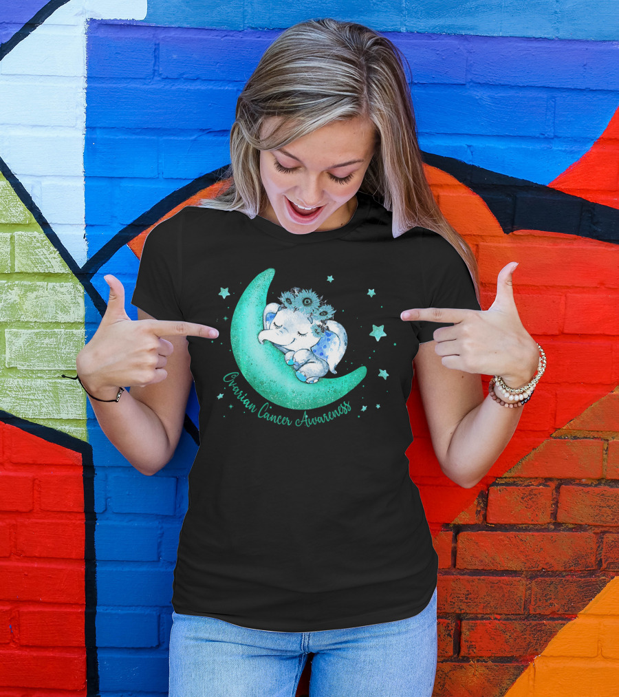 Ovarian Cancer Awareness Cute Elephant On The Moon T-Shirt