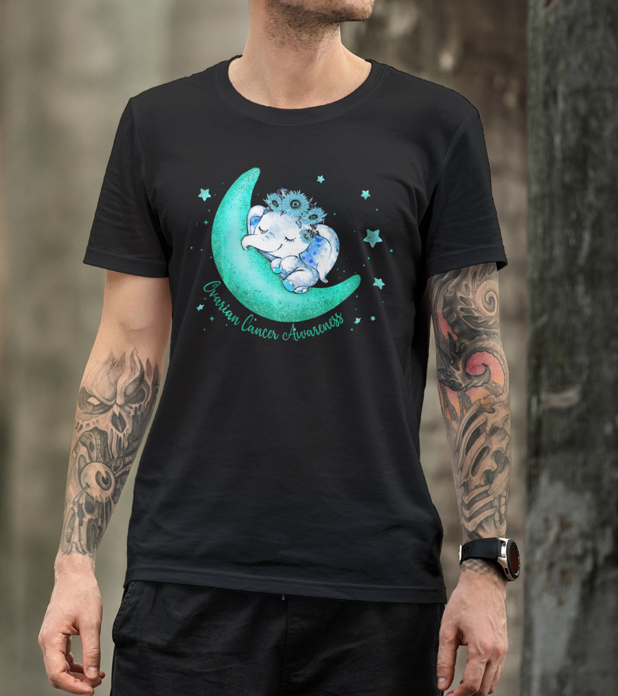 Ovarian Cancer Awareness Cute Elephant On The Moon T-Shirt