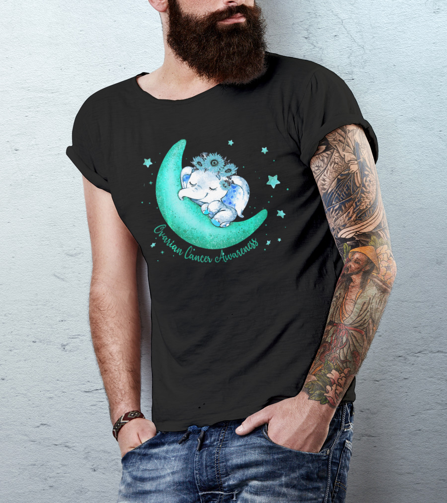Ovarian Cancer Awareness Cute Elephant On The Moon T-Shirt