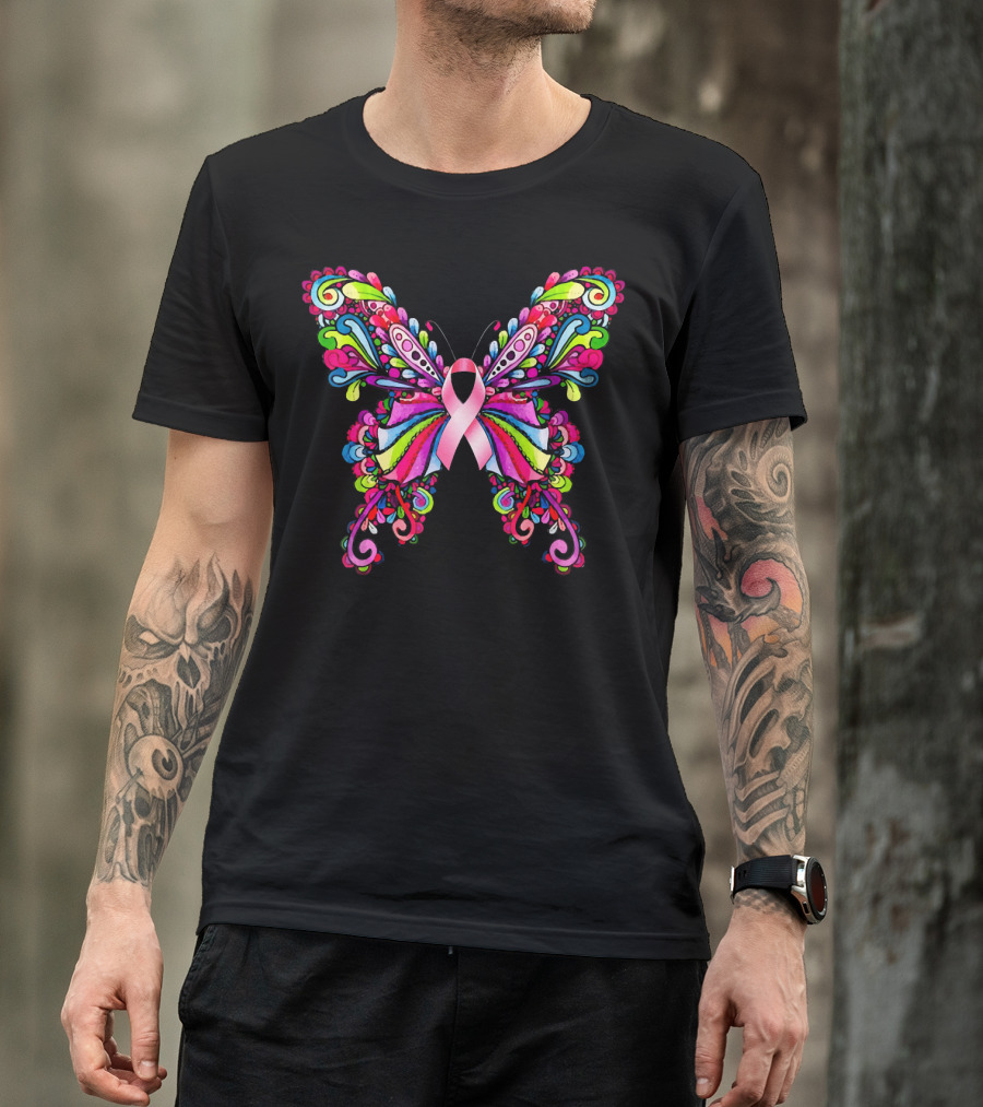Colorful Hippie Butterfly Breast Cancer Awareness T-Shirt