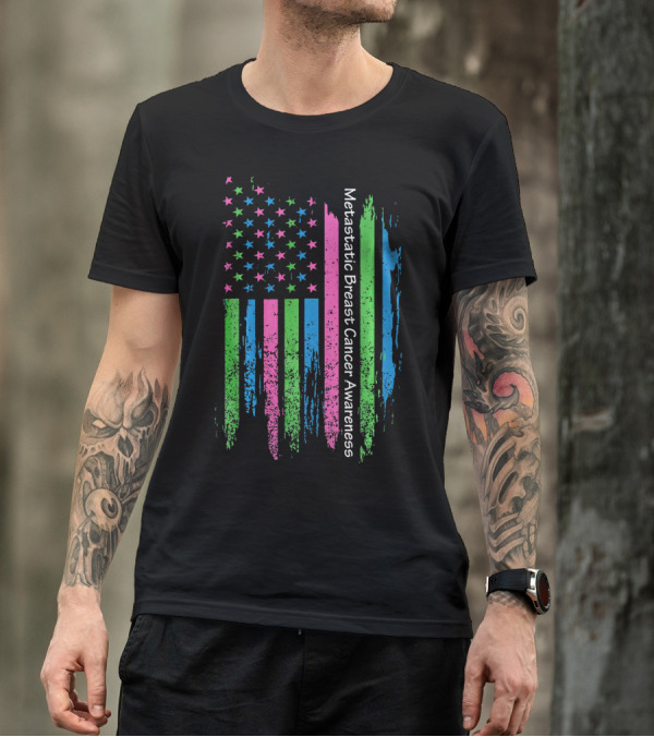 Vintage USA Flag Ribbon Metastatic Breast Cancer Awareness T-Shirt