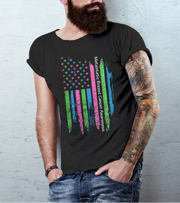 Vintage USA Flag Ribbon Metastatic Breast Cancer Awareness T-Shirt