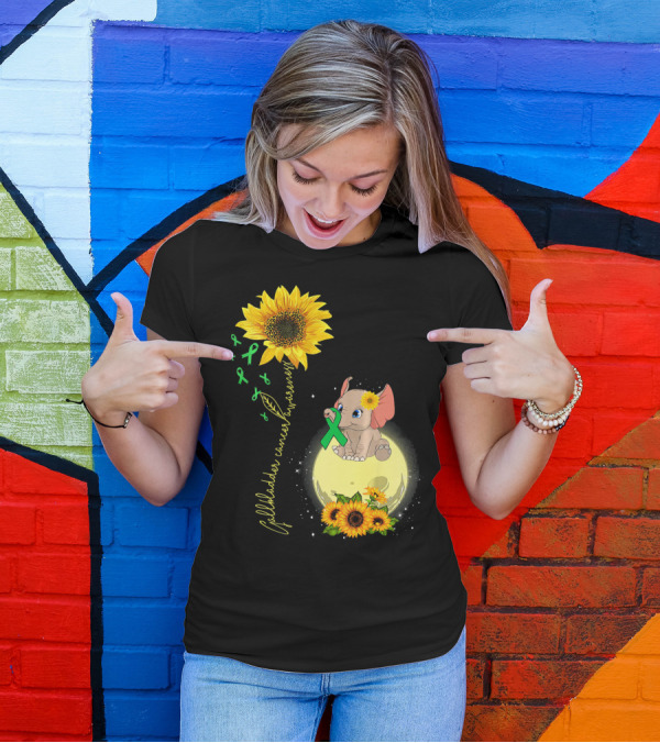 Gallbladder Cancer Awareness Elephant With Sunflowers And Green T-Shirt