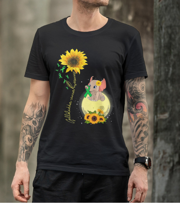 Gallbladder Cancer Awareness Elephant With Sunflowers And Green T-Shirt