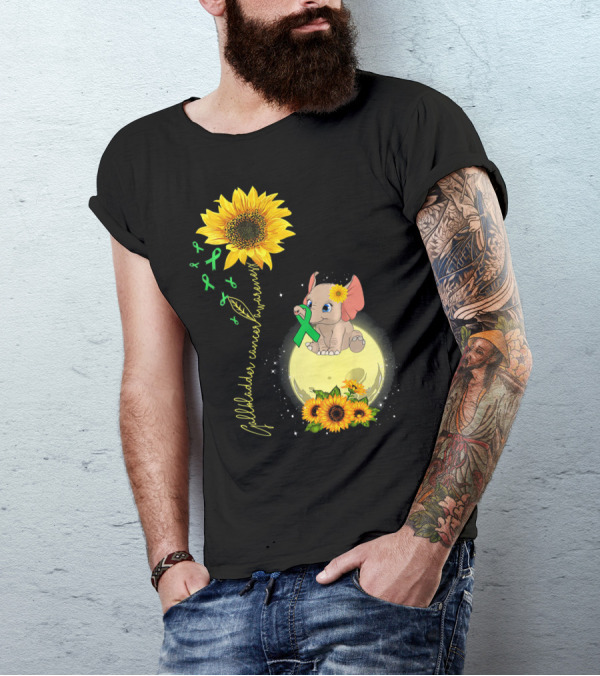 Gallbladder Cancer Awareness Elephant With Sunflowers And Green T-Shirt