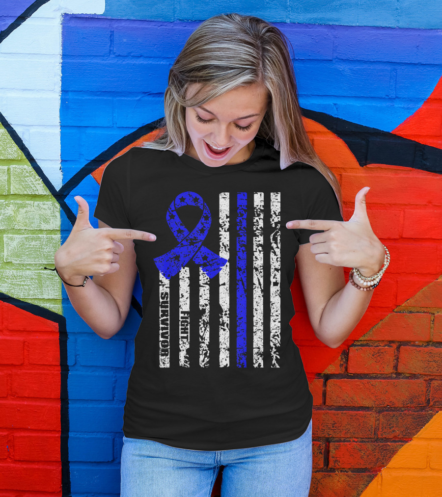 Cool Colon Cancer Awareness Survivor Ribbon Fighter Stripes T-Shirt