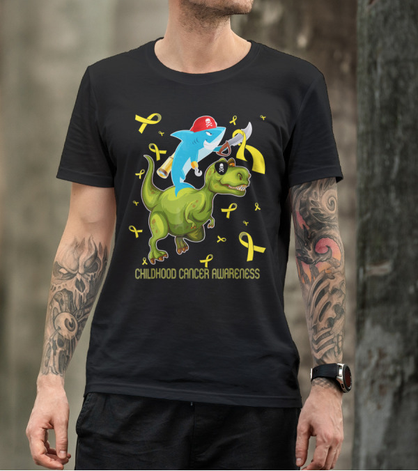 Childhood Cancer Awareness Shark And Dinosaur With Yellow Ribbons T-Shirt