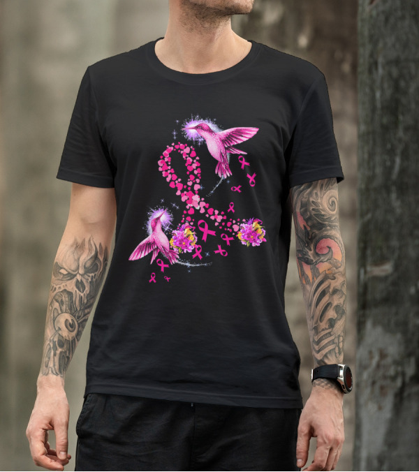 Hummingbird Heart Pink Ribbon Breast Cancer Awareness Flowers T-Shirt